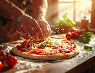Cozy kitchen scene with fresh ingredients and pizza dough in progress, bathed in warm natural light.