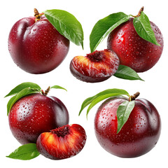 Fresh nectarines with leaves fruit food sweet juicy ripe delicious dessert isolated on transprint background