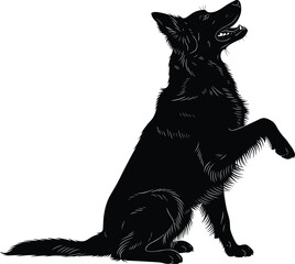 Detailed Black Silhouette Vector Illustration of a Sitting Dog Raising its Paw, Looking Up, Perfect for Pet Store Logos, Training Graphics, and Veterinary Clinic Content