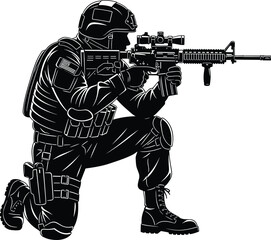 Detailed Black Silhouette Vector of a Military Soldier or SWAT Officer Kneeling and Aiming a Tactical Rifle with Scope, Perfect for Security, War, and Strategy Graphics
