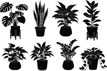 Silhouette collection of indoor potted houseplants with diverse leaf shapes and decorative containers for botanical, minimalist, and modern design themes.