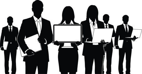 Silhouette illustration of business professionals holding laptops, tablets, and monitors representing teamwork, technology, and modern corporate digital workplace concepts.