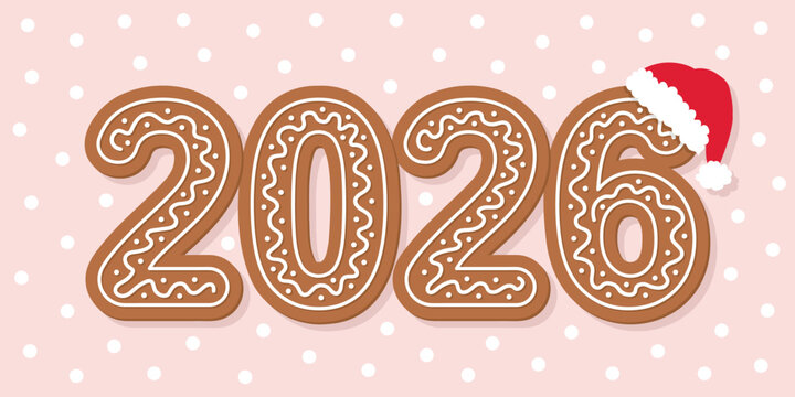 2026 gingerbread cookies, decorated numbers with santa hat, holiday graphic design for t-shirts, banners, posters, greeting cards, vector illustration