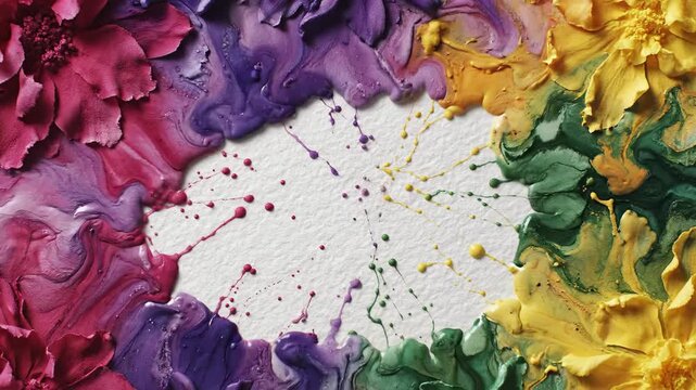 Vibrant paint splatter art with floral border accent and copy space