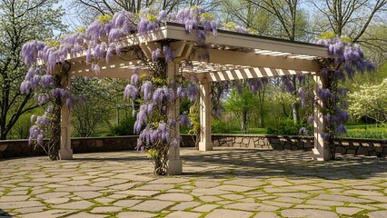 Wisteria-Draped Pergola - A Serene Garden Retreat in Full Bloom.