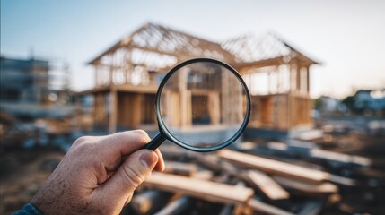 engineer use magnifying glass inspecting construction new house.inspecting construction and quality assurance new house. Engineers or architects or contactor work to build the house.