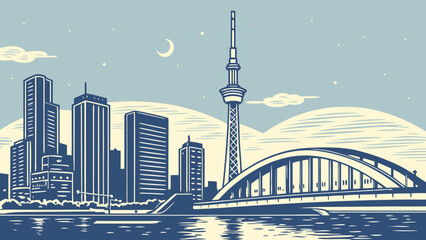 Tokyo skyline vector art features skyscrapers, skytree, and a bridge. Suitable for website banners, travel brochures, and citythemed designs.