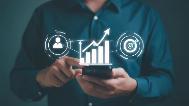 Businessman using mobile smartphone and icon network connection data with growth graph custo.