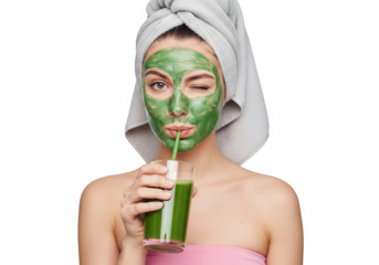 Woman with green face mask drinking green juice and winking.