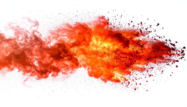 Abstract fiery explosion erupting on white background, transitioning red to bright orange