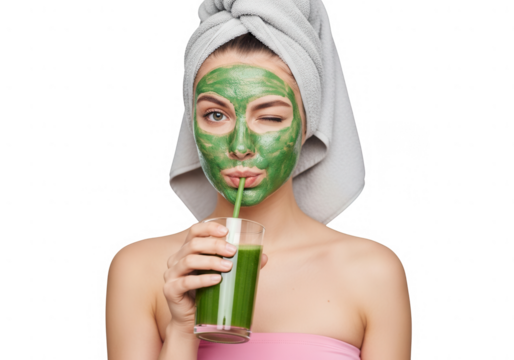 Woman with green face mask drinking green juice and winking.