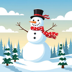 A cheerful snowman wearing a top hat and red scarf stands in a snowy winter landscape with pine trees under a blue sky.