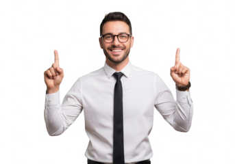 Smiling Businessman Pointing Upwards with Both Index Fingers.