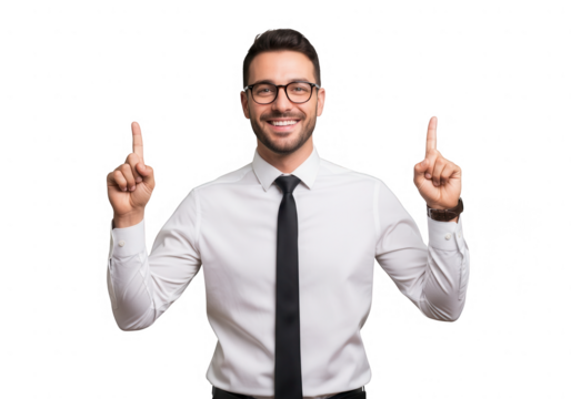 Smiling Businessman Pointing Upwards with Both Index Fingers.