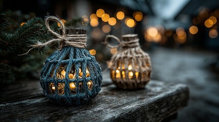 Two decorative lanterns on a wooden surface with blurred lights in background.