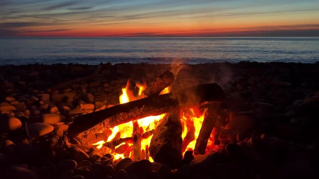 A campfire on the Black Sea coast in Tuapse. A campfire built on pebbles. A picnic at night by the sparkling logs of a campfire. A sunset on the slope of the Caucasus Mountains. 4К