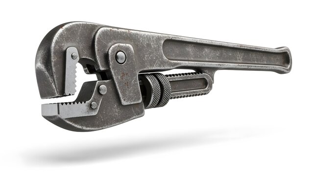 Rugged Adjustable Pipe Wrench: A robust, industrial pipe wrench, crafted from weathered metal, poised ready for plumbing and construction tasks. Capturing a sense of craftsmanship and power.