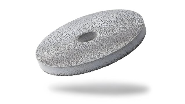 Gray Metal Disc: A close-up view of a metallic disc, showcasing its circular form and a central aperture, highlighting its industrial aesthetic and minimalist design.