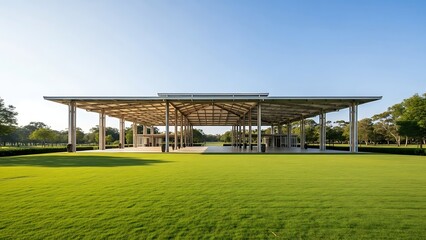 Naklejka premium Modern Pavilion Structure in a Green Field Under Blue Sky.