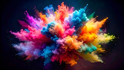 A vibrant explosion of colorful powder against a dark background