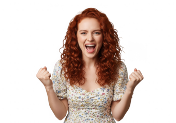 Excited young woman with curly red hair celebrating success with fists clenched.