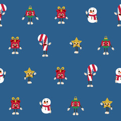 Świąteczny wzór bezszwowy z uroczymi postaciami – bałwanki, prezenty, bombki, gwiazdki i słodycze. Bożonarodzeniowe tło wektorowe. © Monika