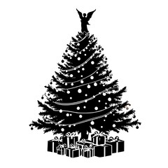 Create a detailed black silhouette of a christmas tree with presents under the tree, add the effect of christmas lights around the tree, and an angel to the top of the tree.
