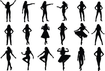Female silhouette poses collection, expressive dance and gesture movements in black vector style, standing, pointing, pirouette, isolated on white background