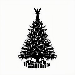 Create a detailed black silhouette of a christmas tree with presents under the tree, add the effect of christmas lights around the tree, and an angel to the top of the tree.