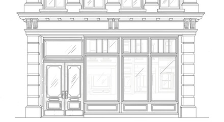 Fototapeta premium Hand-drawn architectural sketch of a classic storefront facade with display windows, isolated on a white background.