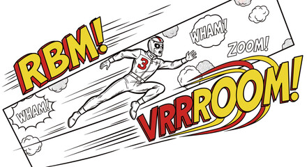 Cartoon illustration depicting a super fast runner with dynamic speed lines and exciting comic book effects