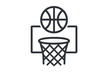 Obraz premium Basketball icon showing a ball above the hoop, representing sport, game, competition, and reaching for success