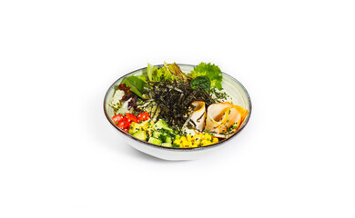 Healthy Salmon and Quinoa Poke Bowl with Mixed Greens and Seaweed