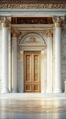 Obraz premium A detailed view of an ornate golden doorway set within a marble facade, flanked by classical columns. The image showcases intricate architectural design and lux