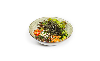 Healthy Salmon and Quinoa Poke Bowl with Mixed Greens and Seaweed