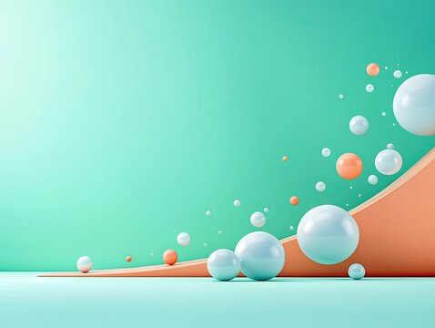 A 3D rendering of white and orange spheres floating over an orange curve against a teal background, creating a modern, abstract composition. - Powered by Adobe