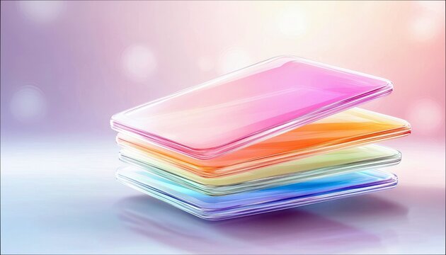 A stack of transparent glass layers with a colorful gradient, creating an abstract and modern composition. - Powered by Adobe