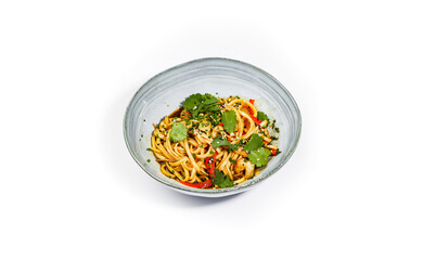 Spicy Asian Stir-Fried Noodles with Vegetables and Fresh Cilantro