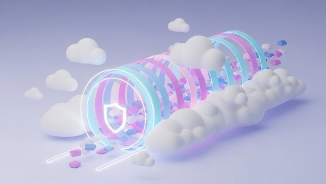 Whimsical cloud data tunnel with security shield, symbolizing protected data in the digital realm