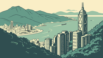 Hong kong skyline with mountains and skyscrapers, defining the iconic cityscape. Suitable for travel brochures, editorial content, and websites.