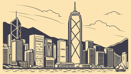 Hong kong skyline and harbor with stunning view of iconic buildings. Suitable for travel blogs, websites, and publications featuring urban landscapes.