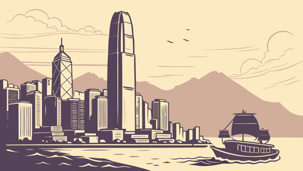 Hong kong skyline with a traditional junk boat perfect for travel websites, city guides, and promotional materials for hong kong.