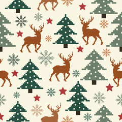 Christmas Pixel seamless Pattern with Deers Traditional knitting Christmas pattern Striped Ornament. Pixel ethnic pattern embroidery background