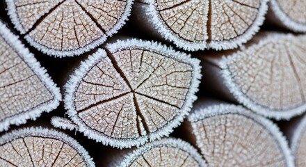 Naklejka premium Close-up shows frost-covered stack of firewood, highlighting wood texture and winter's icy grip.