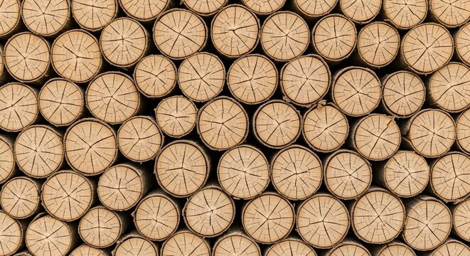 Neatly stacked firewood logs display warm tones and circular grain patterns in organized symmetry. - Powered by Adobe