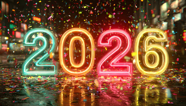 Bright neon glowing numbers 2026 with colorful confetti falling down and reflection on black background - Powered by Adobe
