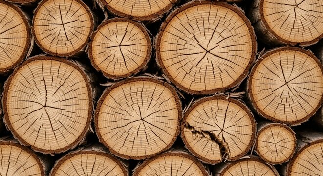A neatly stacked pile of firewood logs showcasing natural patterns and warm, rustic textures.