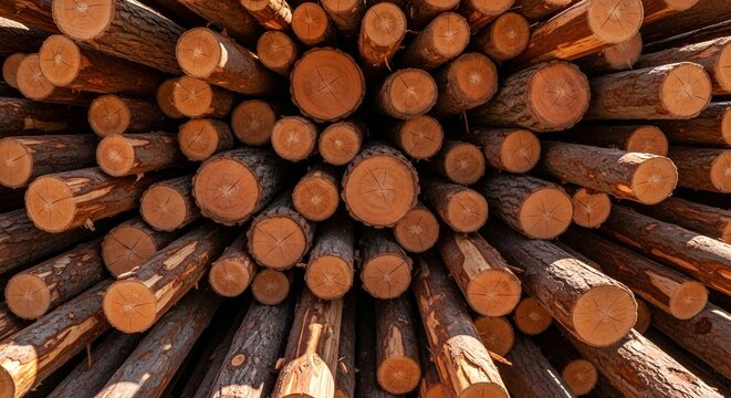 A precisely stacked lumber pile shows a pattern of wooden logs, ready for use in construction.