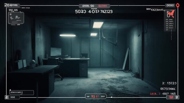 Gloomy monitored office space abandoned desks