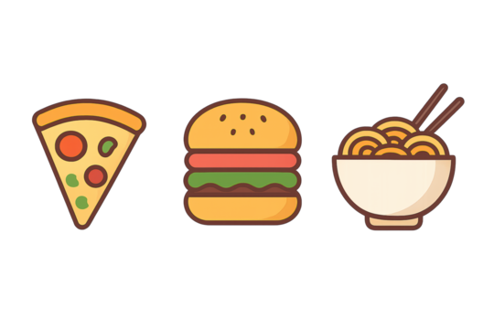 Fast food icons set with burgers pizza and noodle